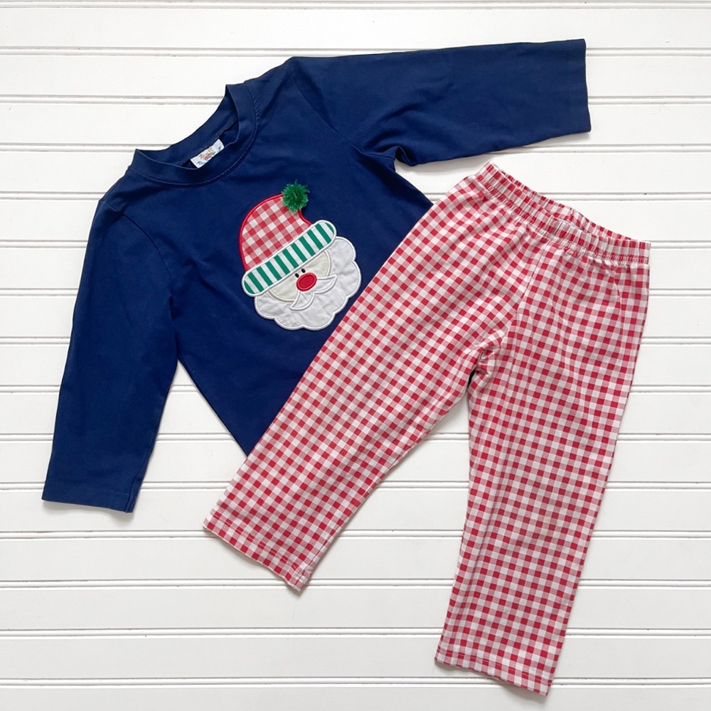 BUSY BEE SMOCKS EUC Santa Appliqué Gingham Elastic Pants Christmas Set
